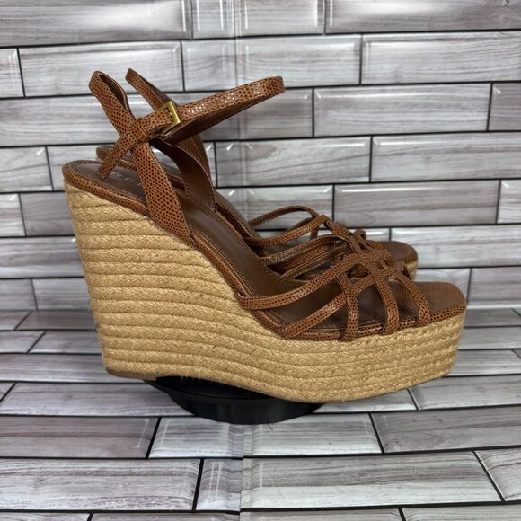 REISS Women's Brown Elle Leather Raffia Platform Wedge Sandals Size 10.5-NEW - Picture 1 of 8